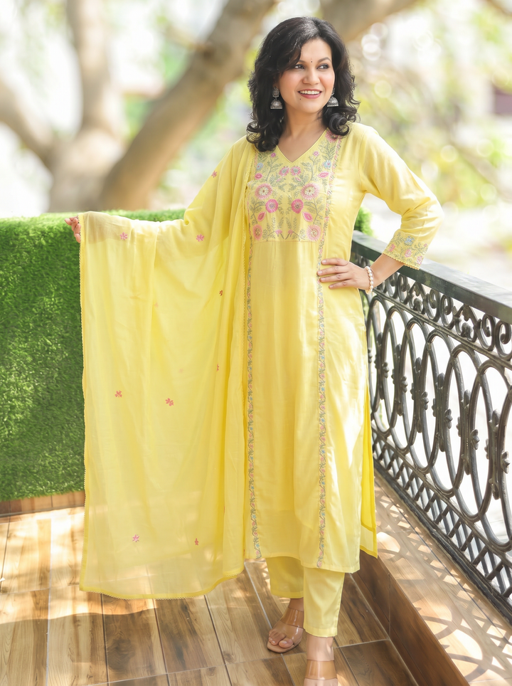 Gracy Butter Yellow Embroidered 3 Piece Set