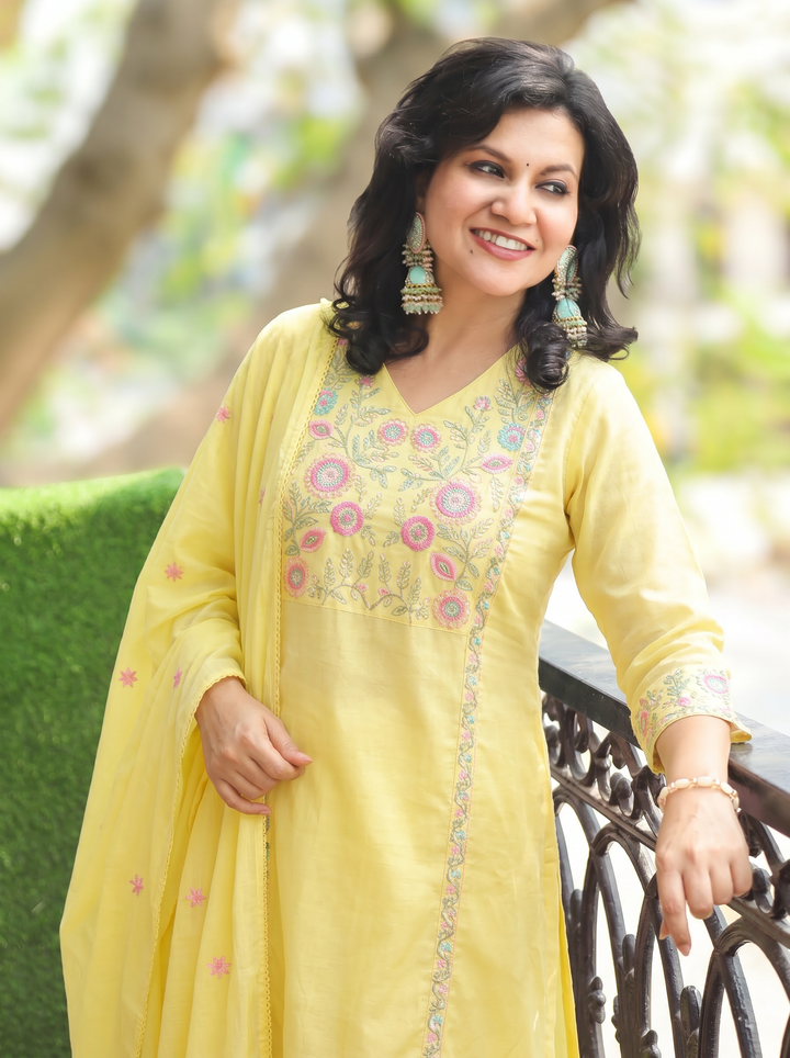 Gracy Butter Yellow Embroidered 3 Piece Set