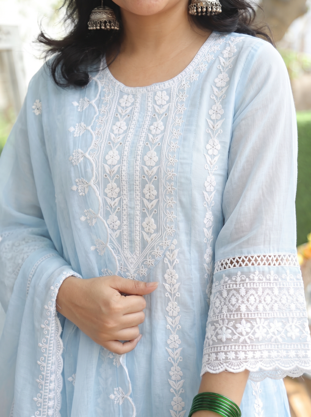 Gracy Ice Blue Anarkali Mul Cotton 3 Piece Set