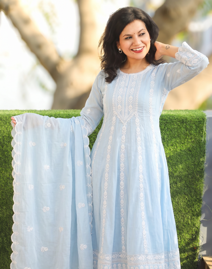 Gracy Ice Blue Anarkali Mul Cotton 3 Piece Set