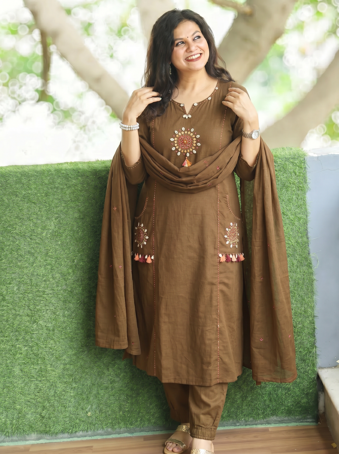 Sundari Choco Brown Kodi Work Cotton 3 Piece Set