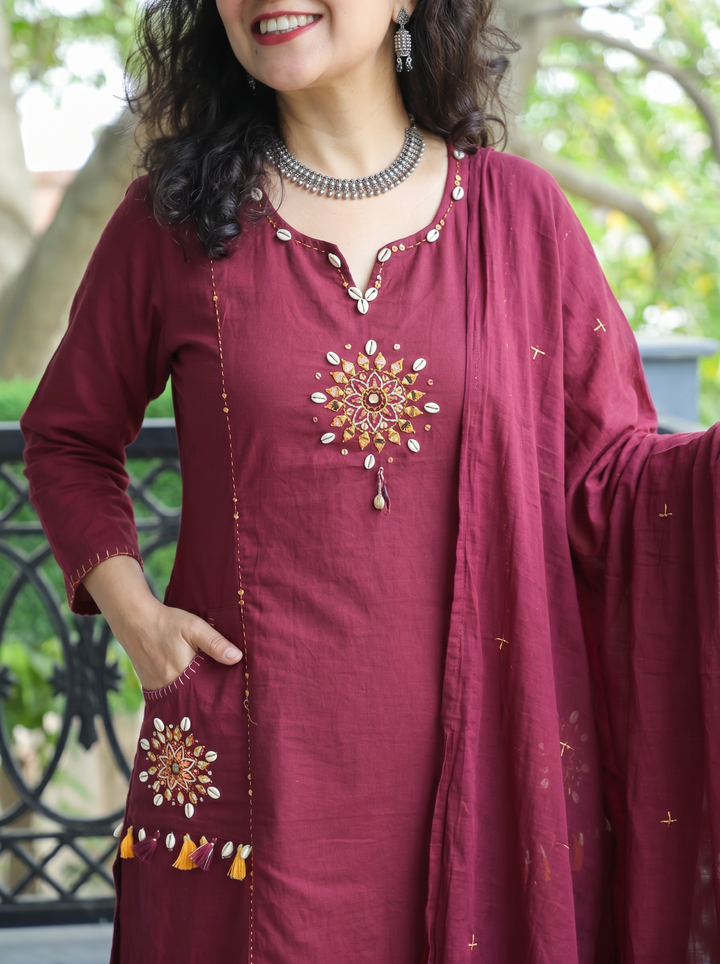 Sundari Wine Mahogany Kodi Work Cotton 3 Piece Set