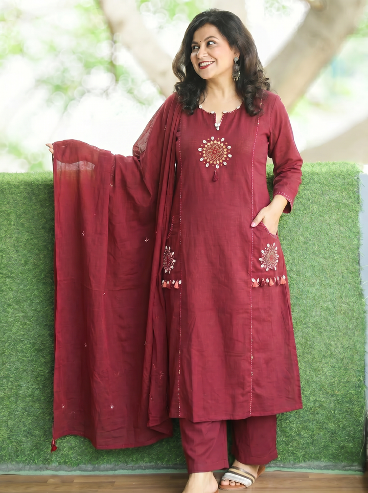 Sundari Wine Mahogany Kodi Work Cotton 3 Piece Set