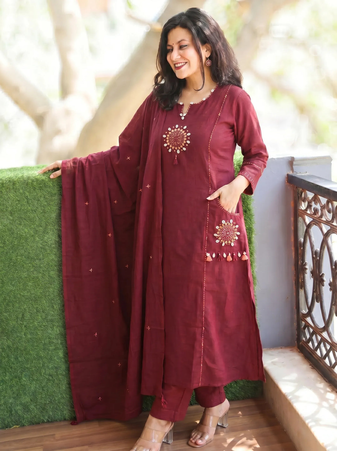 Sundari Wine Mahogany Kodi Work Cotton 3 Piece Set