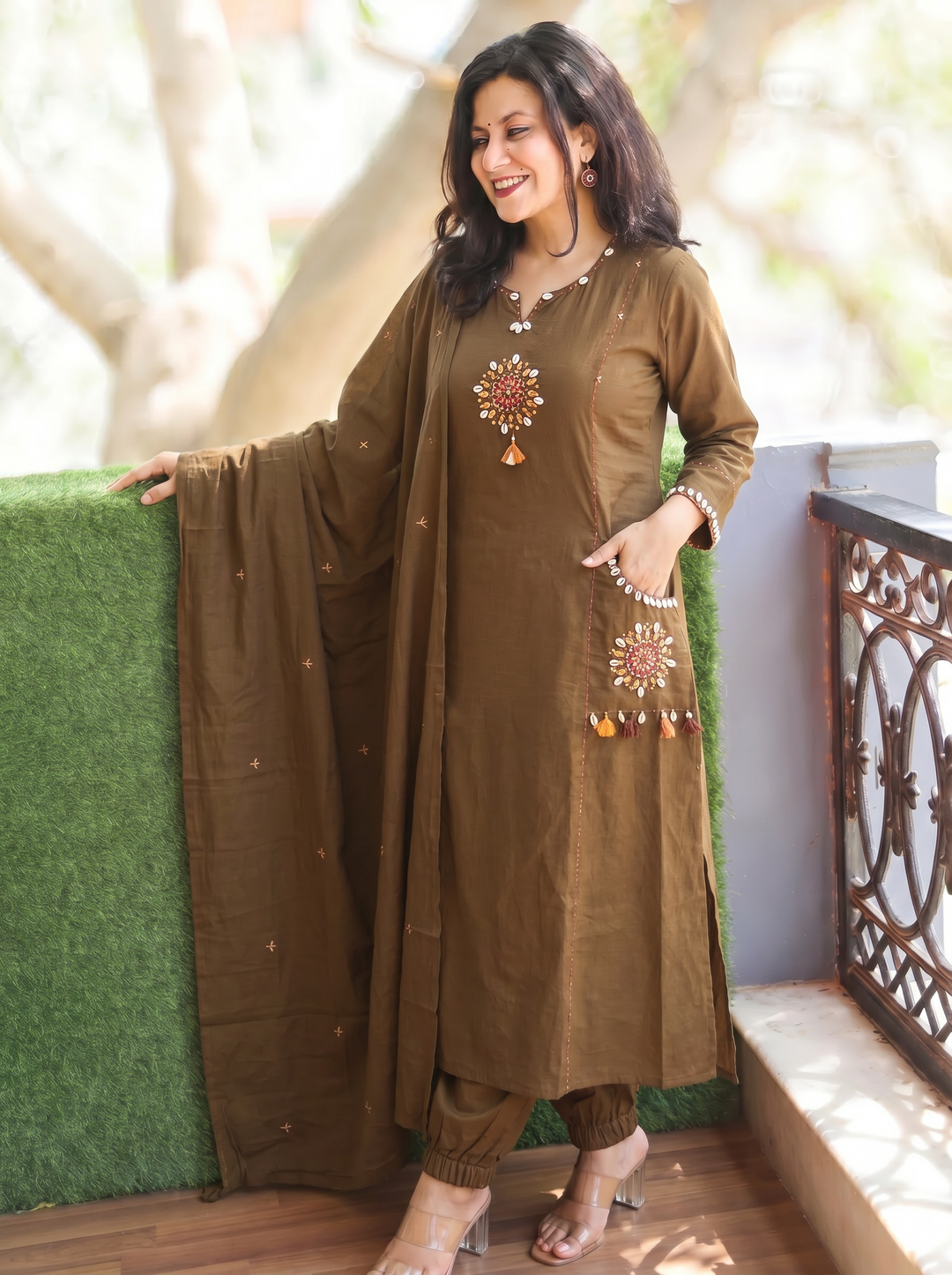 Sundari Choco Brown Kodi Work Cotton 3 Piece Set
