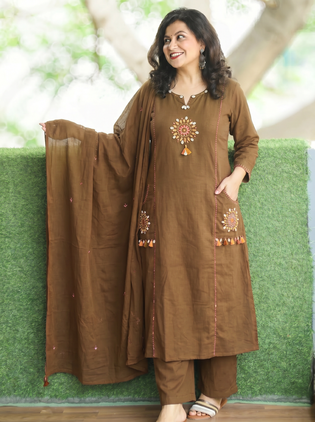 Sundari Choco Brown Kodi Work Cotton 3 Piece Set