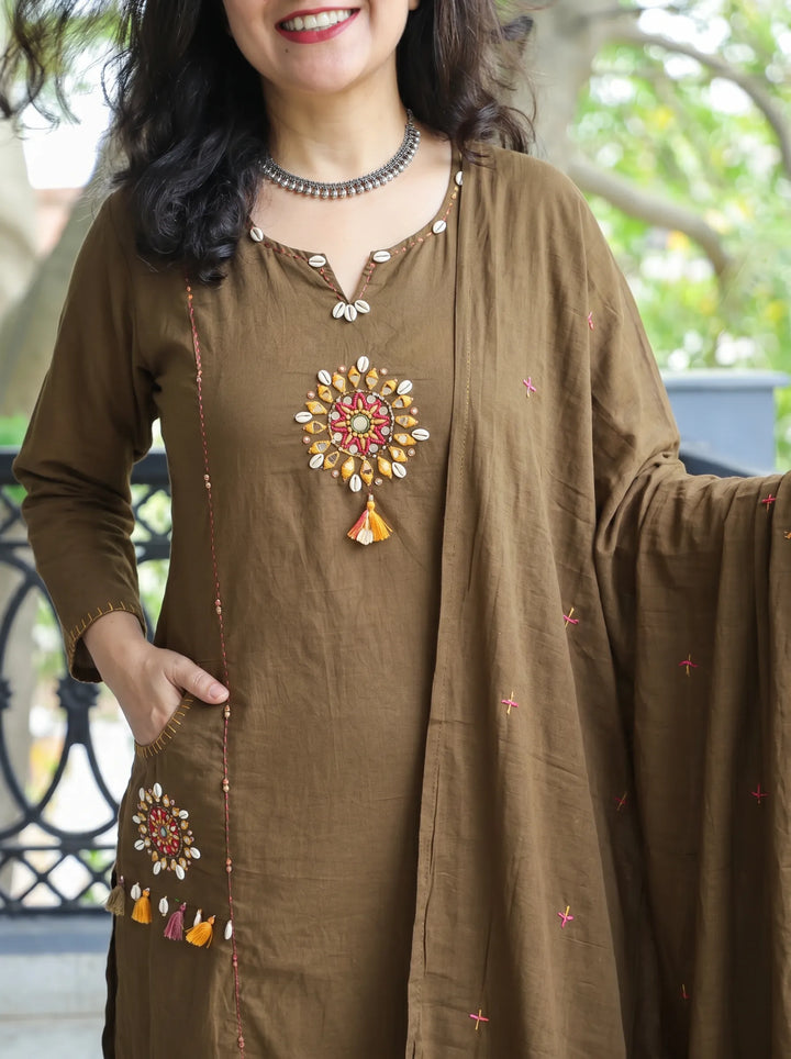 Sundari Choco Brown Kodi Work Cotton 3 Piece Set