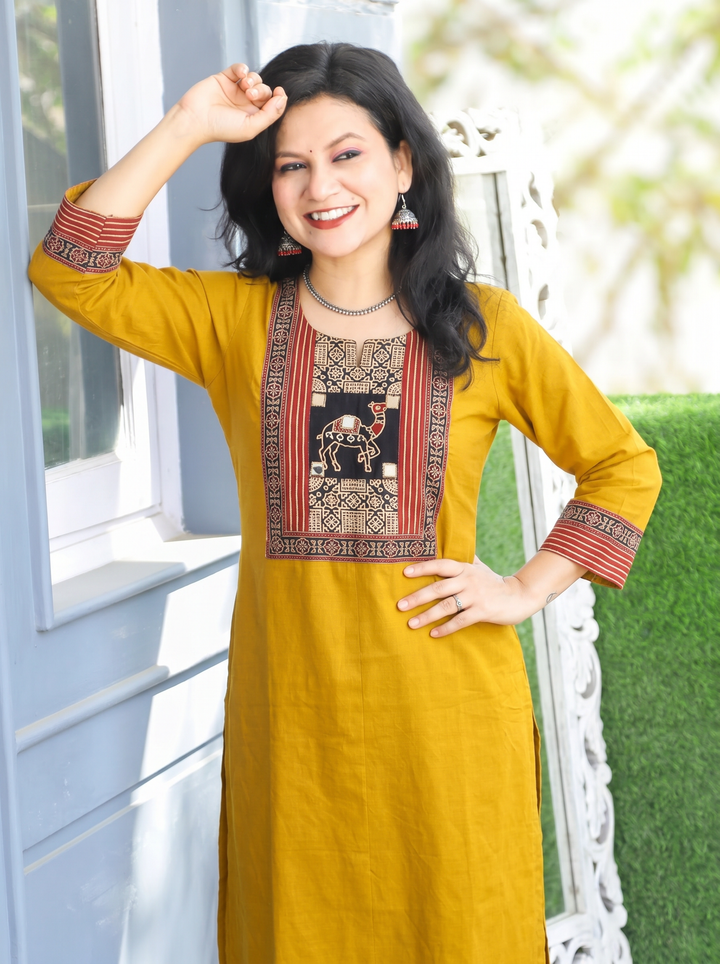 Megha Yellow Mirror Work Camel Yoke Cotton Kurti