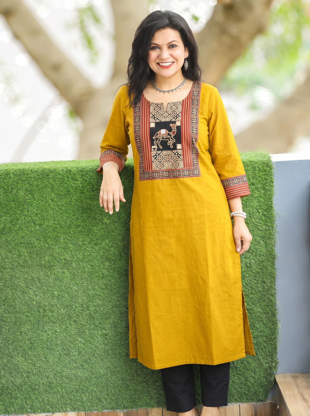 Megha Yellow Mirror Work Camel Yoke Cotton Kurti