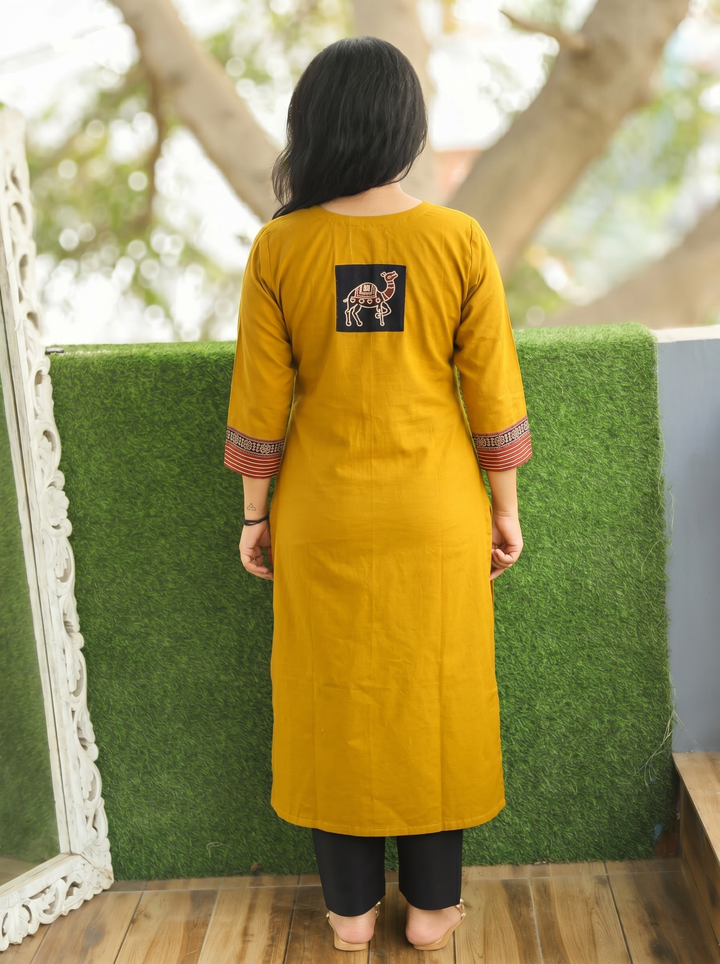 Megha Yellow Mirror Work Camel Yoke Cotton Kurti