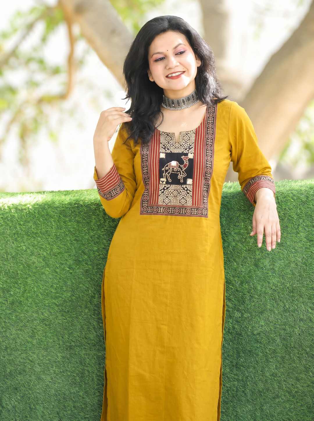 Megha Yellow Mirror Work Camel Yoke Cotton Kurti