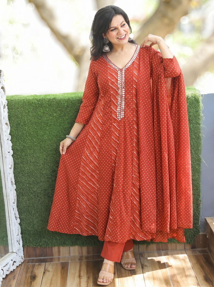Morni Bronze Orange Leheriya Mul Cotton 3 Piece Set