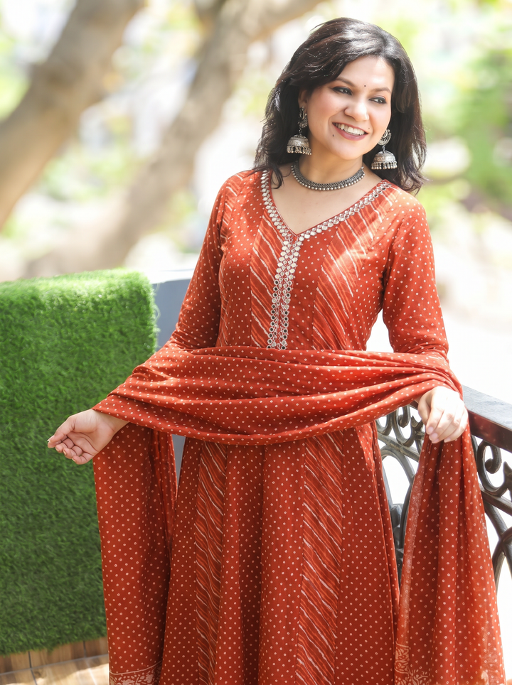 Morni Bronze Orange Leheriya Mul Cotton 3 Piece Set