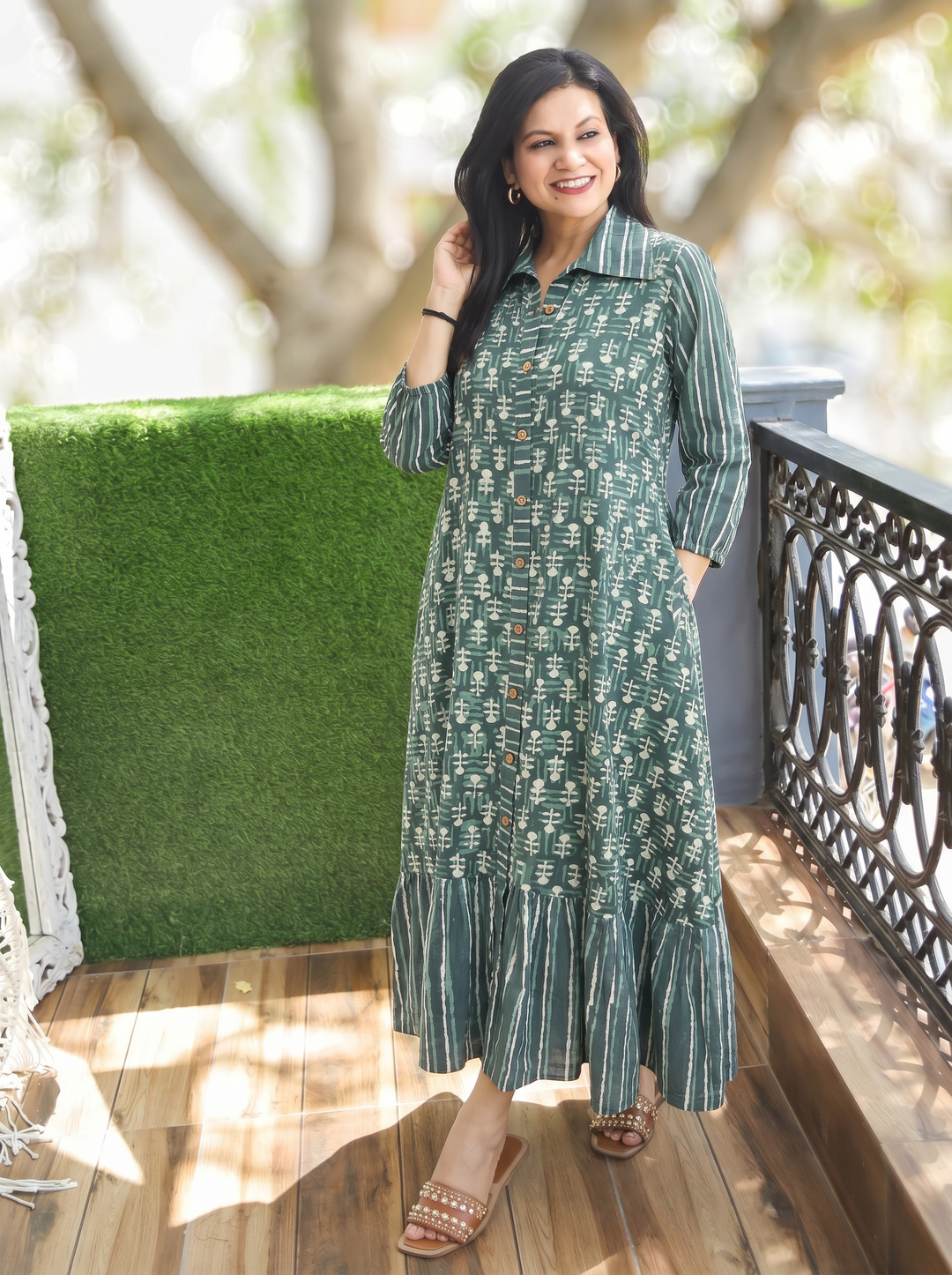Asya Sage Green Dabu Printed Cotton Dress