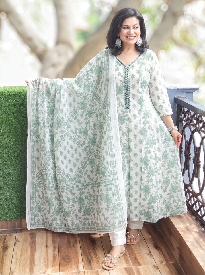 Bella Sea Green Patra Mul Cotton 3 Piece Set