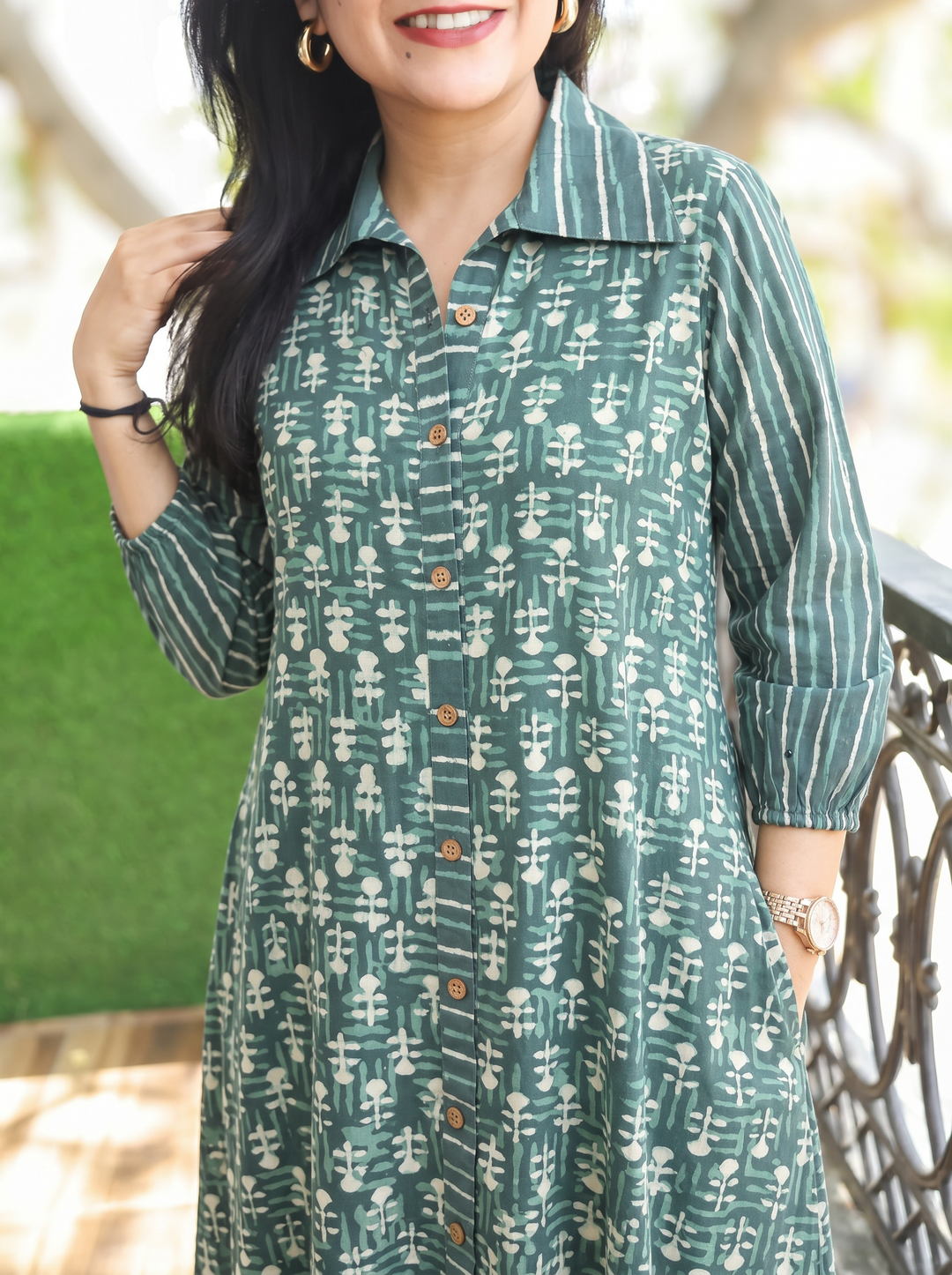 Asya Sage Green Dabu Printed Cotton Dress