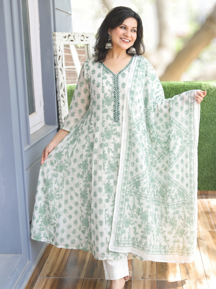 Bella Sea Green Patra Mul Cotton 3 Piece Set