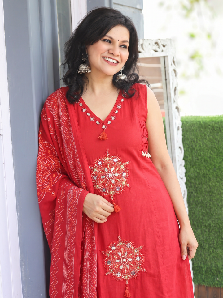 Shobha Bride Red Mirror Cotton 3 Piece Set