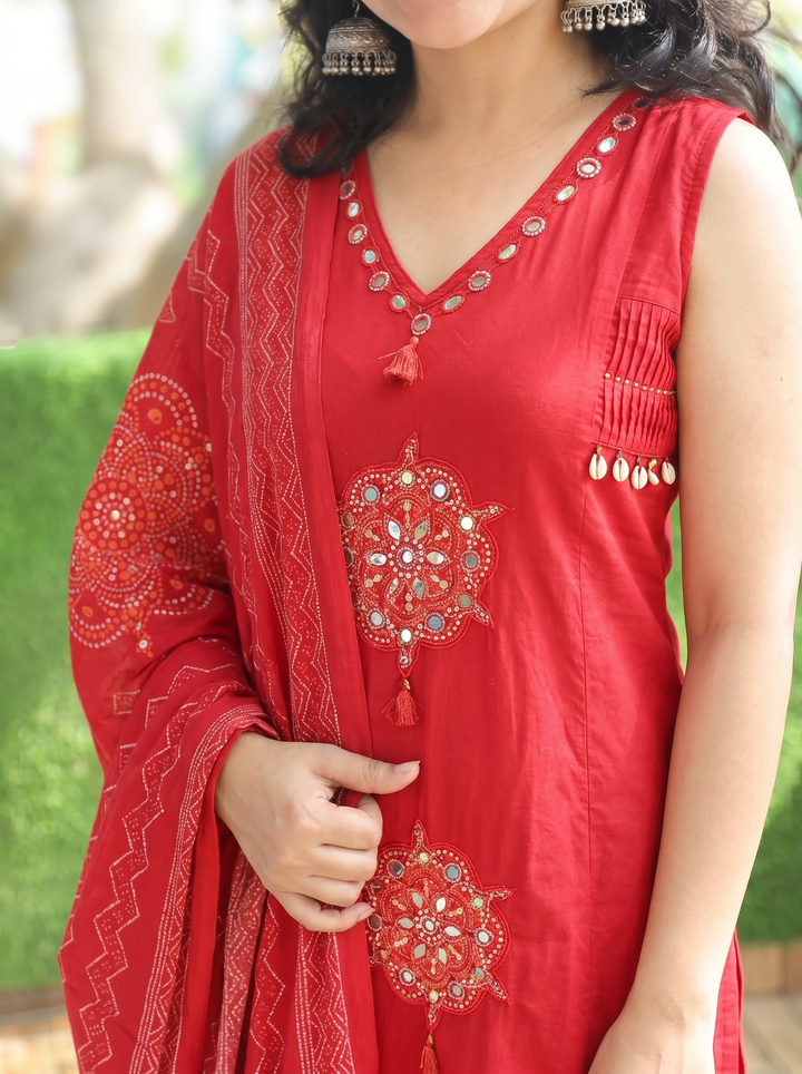 Shobha Bride Red Mirror Cotton 3 Piece Set
