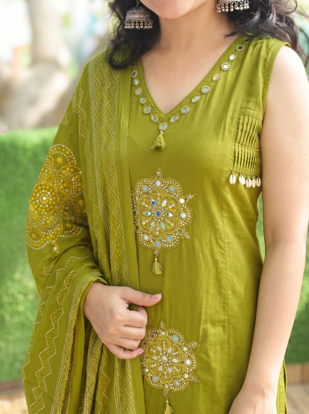 Shobha Leaf Green Mirror Cotton 3 Piece Set