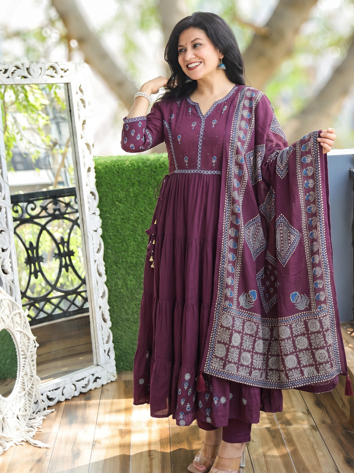 Ella Burgundy Wine A-Line Cotton 3 Piece Set