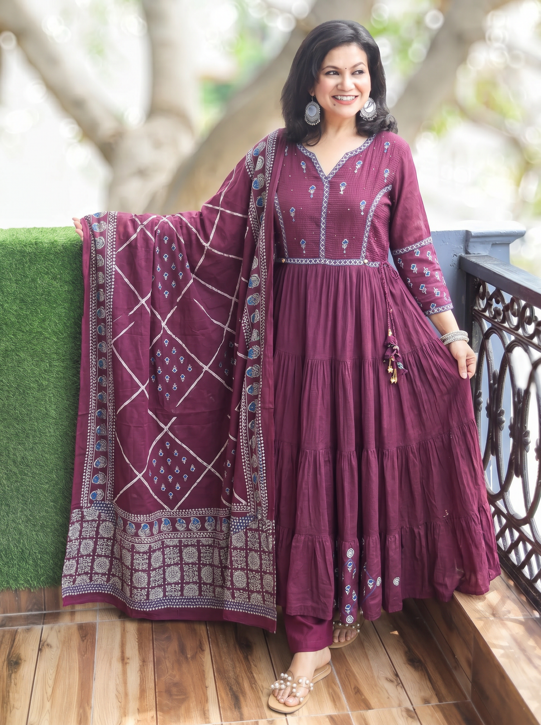 Ella Burgundy Wine A-Line Cotton 3 Piece Set
