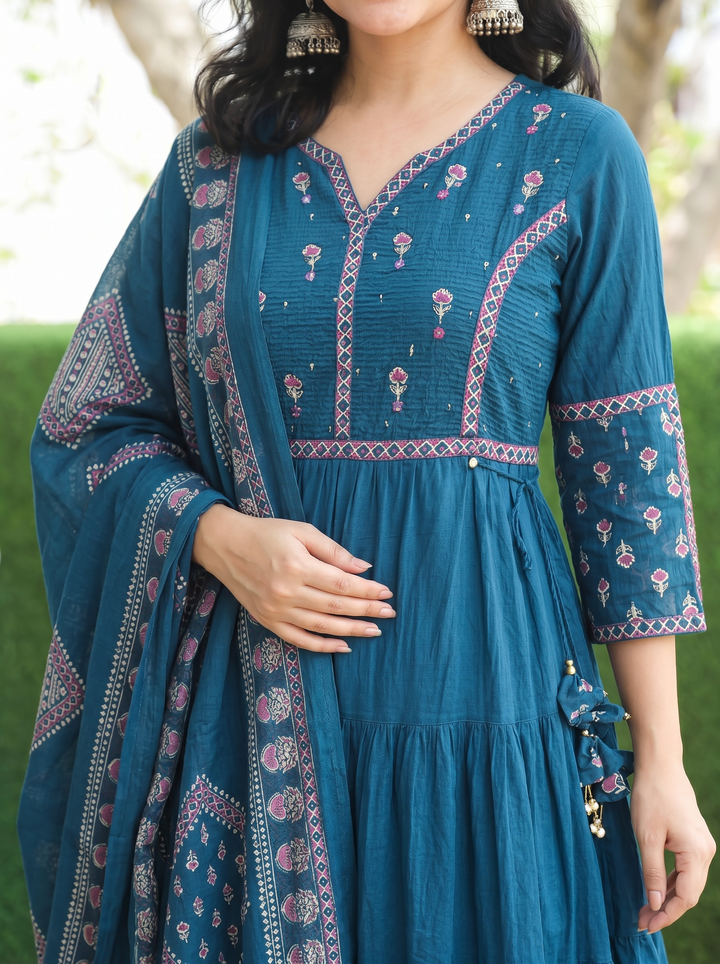 Ella Cerulean Teal A-Line Cotton 3 Piece Set