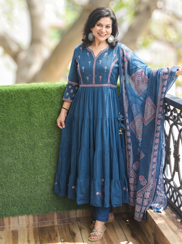 Ella Cerulean Teal A-Line Cotton 3 Piece Set