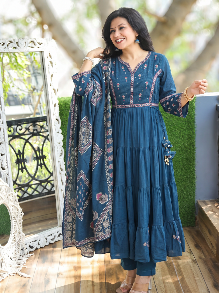 Ella Cerulean Teal A-Line Cotton 3 Piece Set