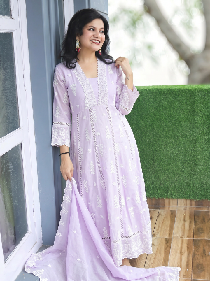 Olivia Lilac Embroidered Mul Cotton 3 Piece Set