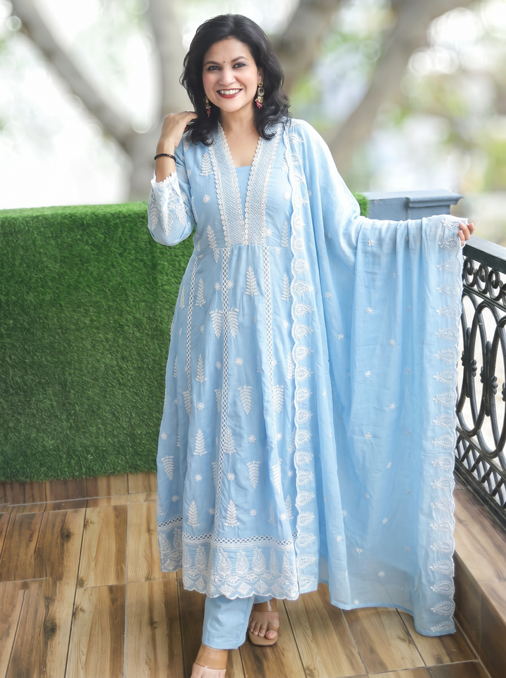Olivia Ice Blue Embroidered Mul Cotton 3 Piece Set