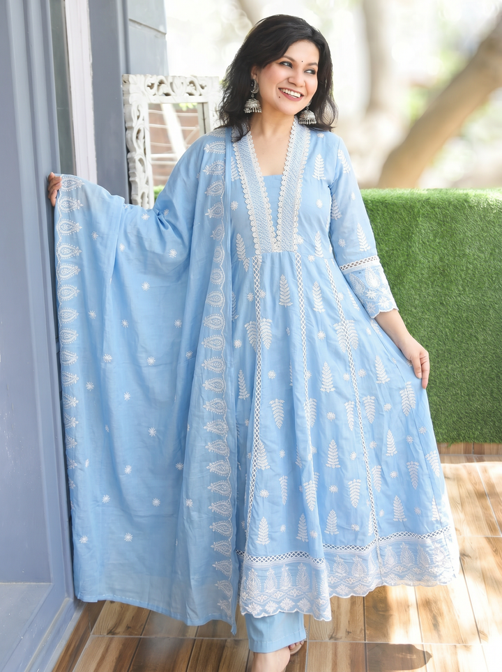 Olivia Ice Blue Embroidered Mul Cotton 3 Piece Set