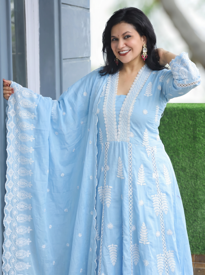 Olivia Ice Blue Embroidered Mul Cotton 3 Piece Set