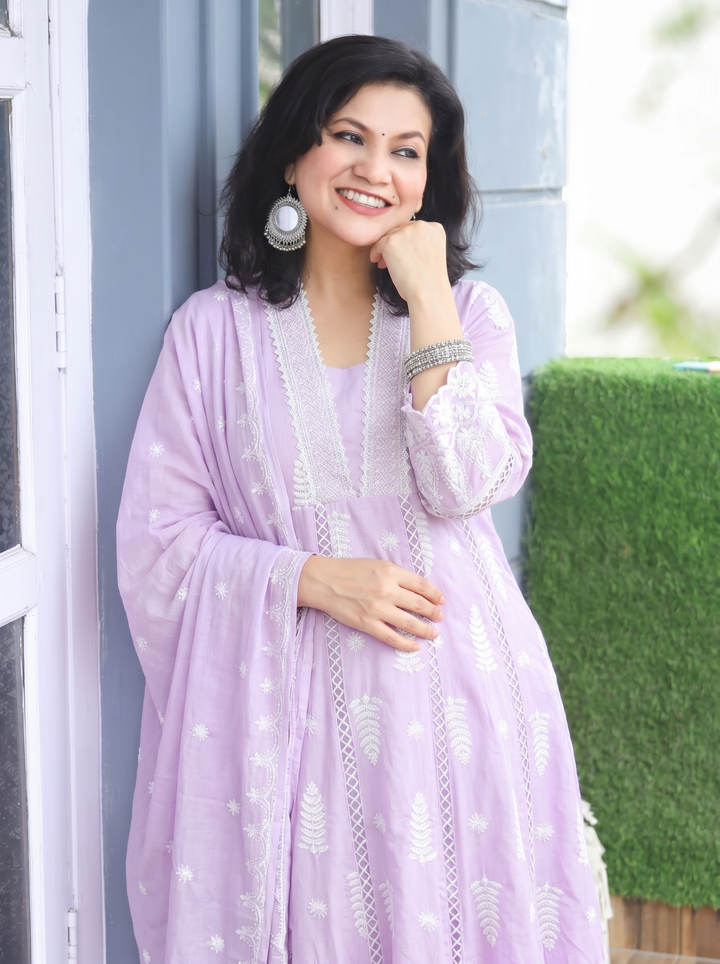 Olivia Lilac Embroidered Mul Cotton 3 Piece Set