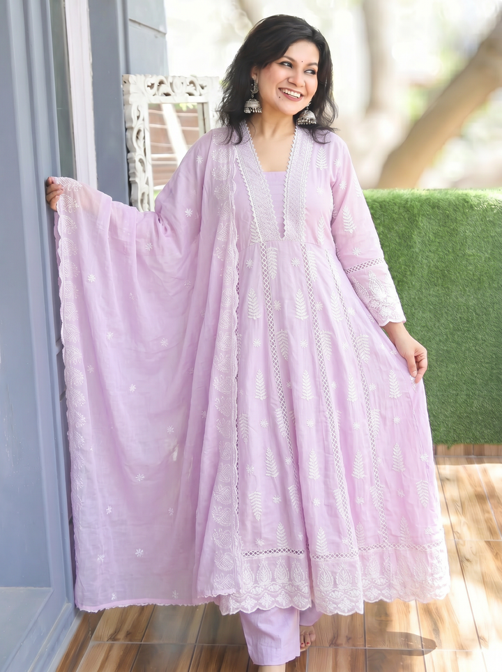 Olivia Lilac Embroidered Mul Cotton 3 Piece Set