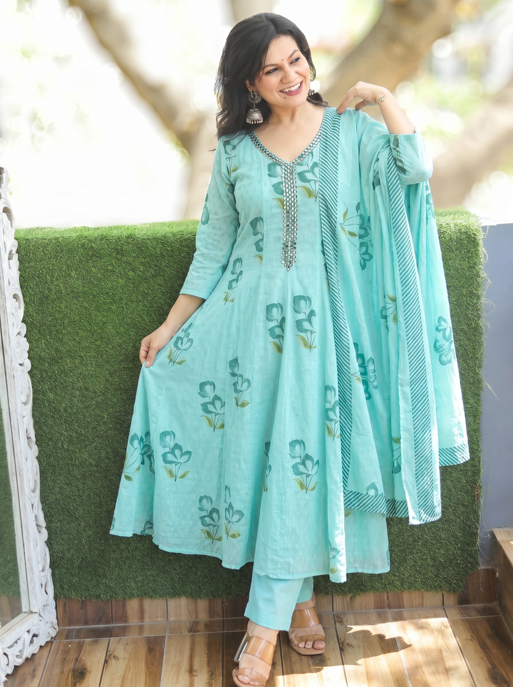 Bella Sky Aqua Floral Mul Cotton 3 Piece Set