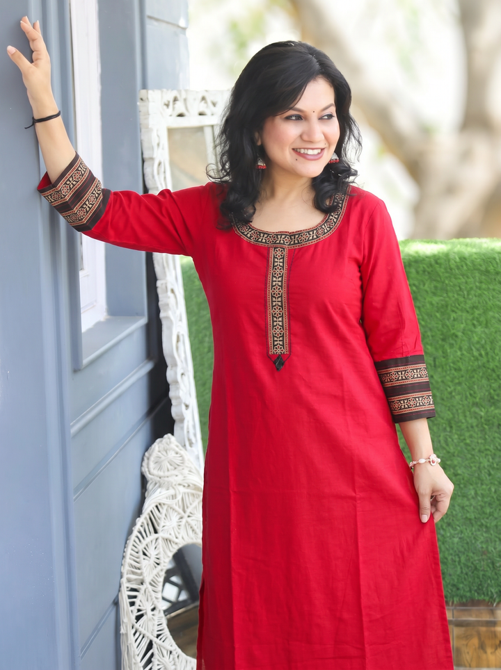 Sajj Maroon Red Round Neck with Printed Patch Work Cotton Kurti
