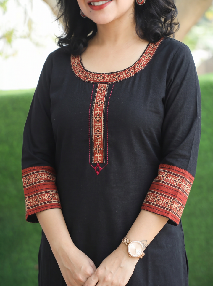 Sajj Oil Black Round Neck with Printed Patch Work Cotton Kurti