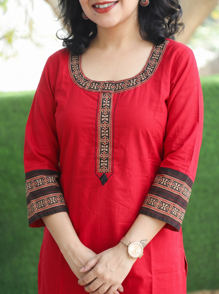 Sajj Maroon Red Round Neck with Printed Patch Work Cotton Kurti