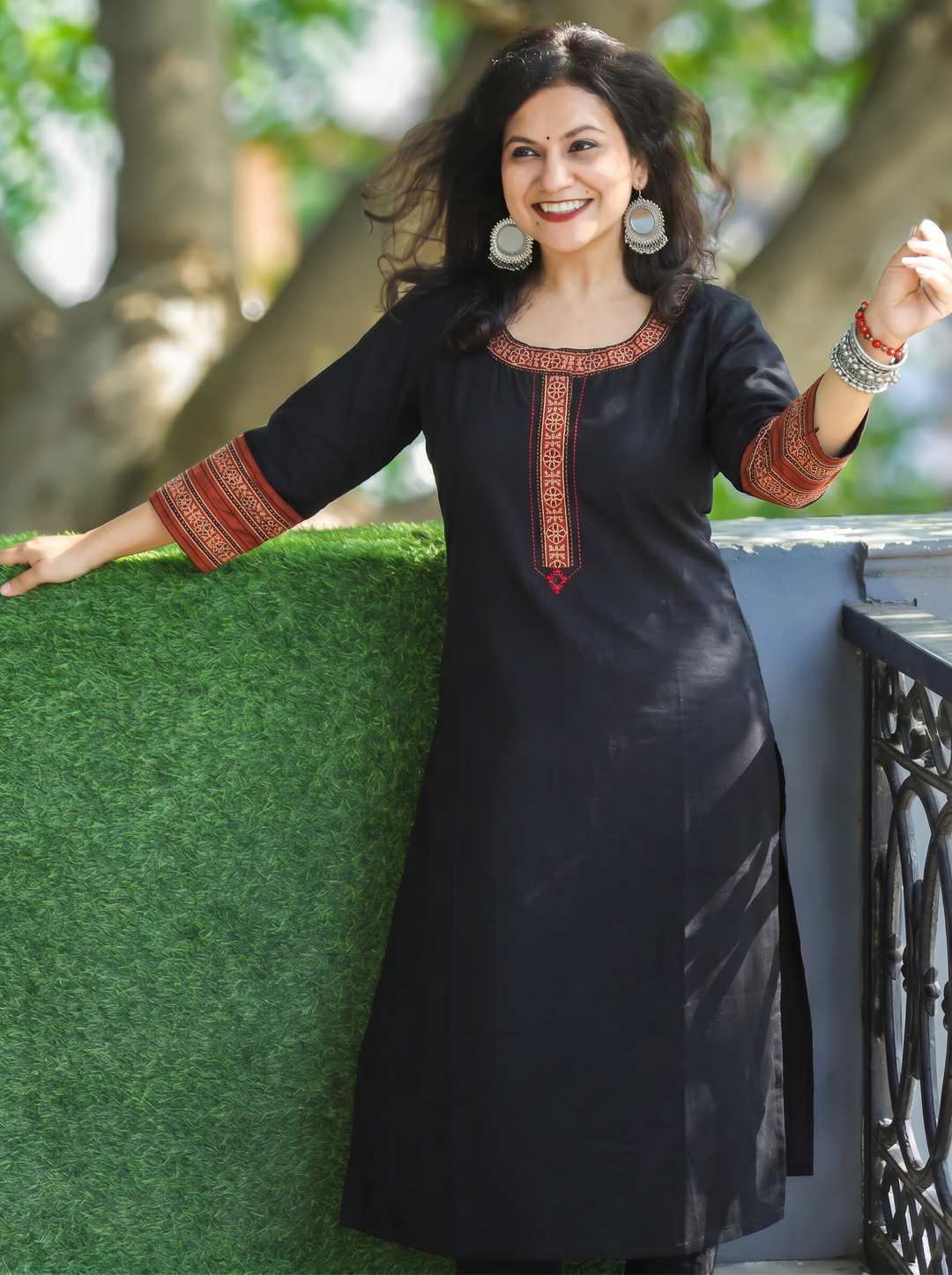 Sajj Oil Black Round Neck with Printed Patch Work Cotton Kurti
