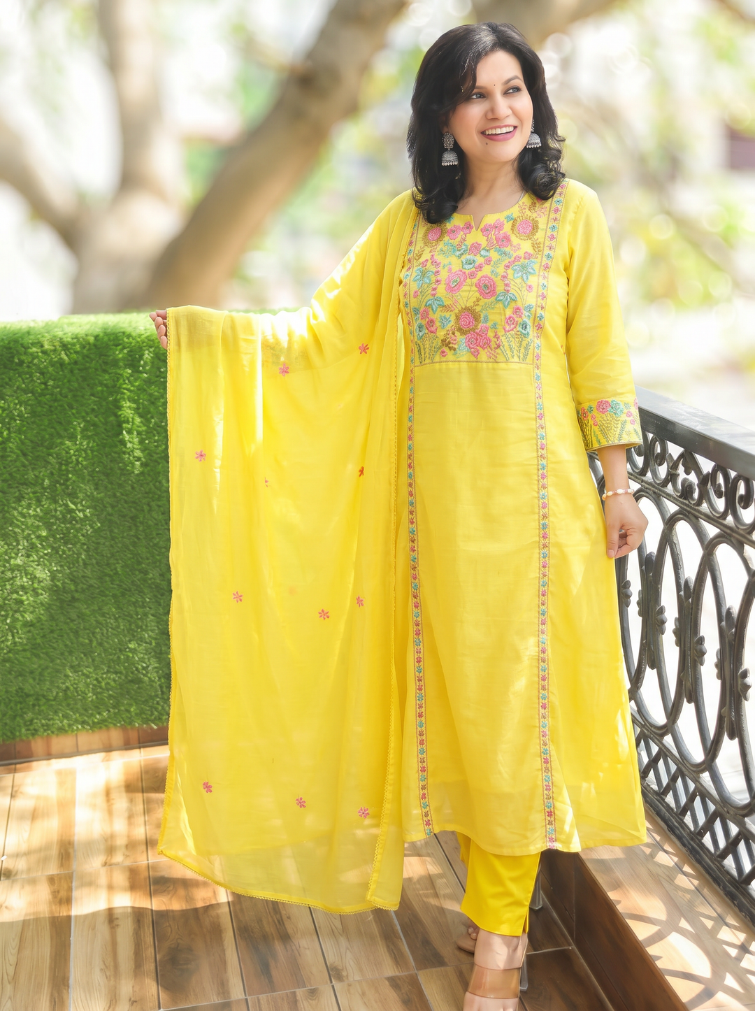 Tejas Yellow Panel Embroidered Mul Cotton 3 Piece Set