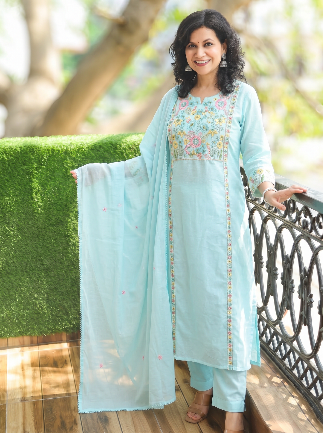 Tejas Ice Blue Panel Embroidered Mul Cotton 3 Piece Set