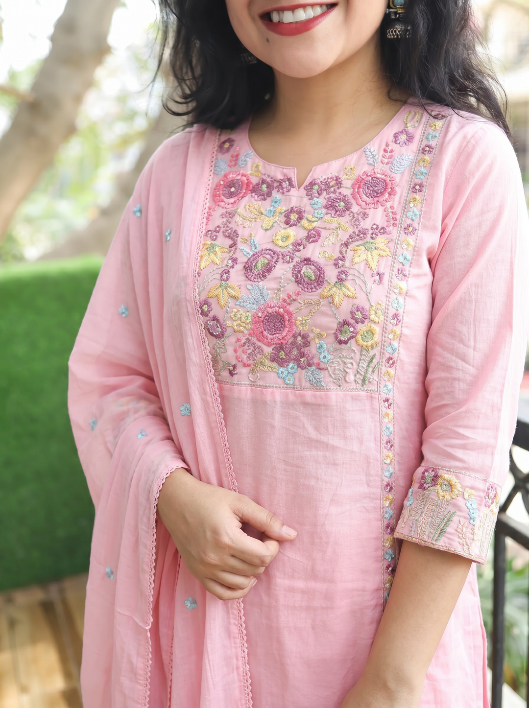 Tejas Pink Panel Embroidered Mul Cotton 3 Piece Set
