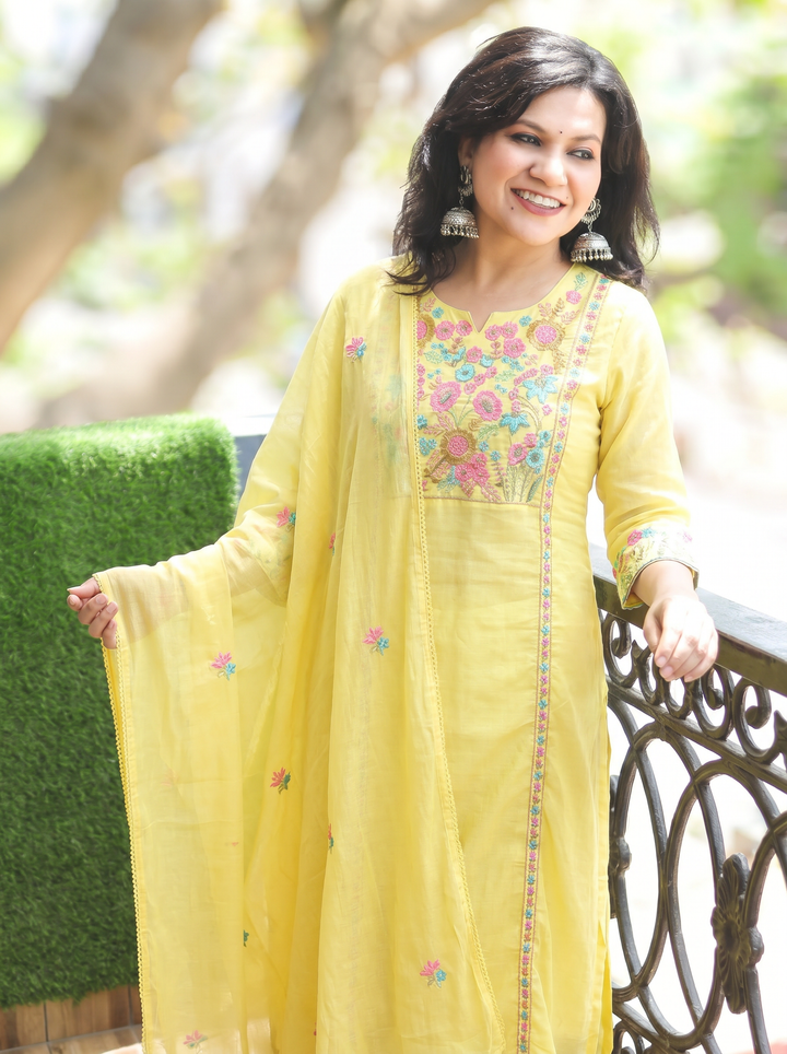 Tejas Yellow Panel Embroidered Mul Cotton 3 Piece Set
