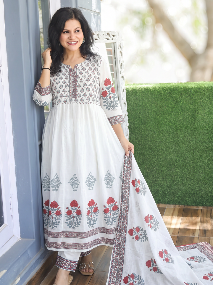 Kira White Anarkali Mul Cotton 3 Piece Set