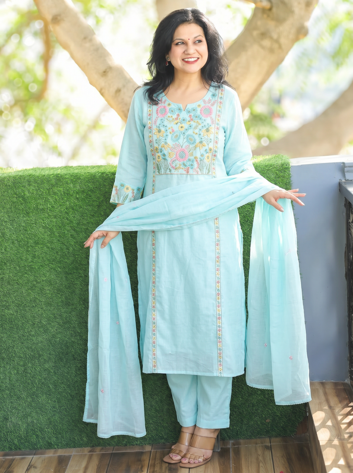 Tejas Ice Blue Panel Embroidered Mul Cotton 3 Piece Set