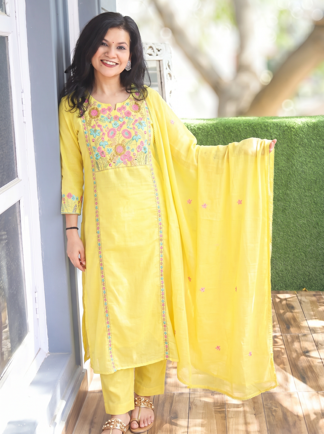Tejas Yellow Panel Embroidered Mul Cotton 3 Piece Set