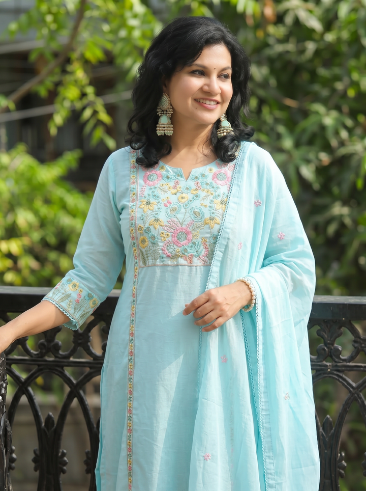 Tejas Ice Blue Panel Embroidered Mul Cotton 3 Piece Set