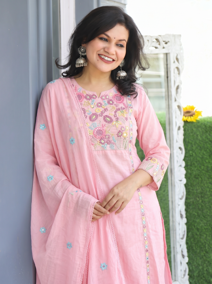 Tejas Pink Panel Embroidered Mul Cotton 3 Piece Set