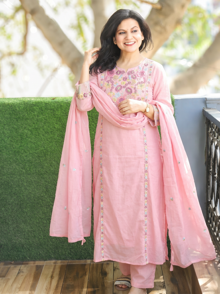 Tejas Pink Panel Embroidered Mul Cotton 3 Piece Set
